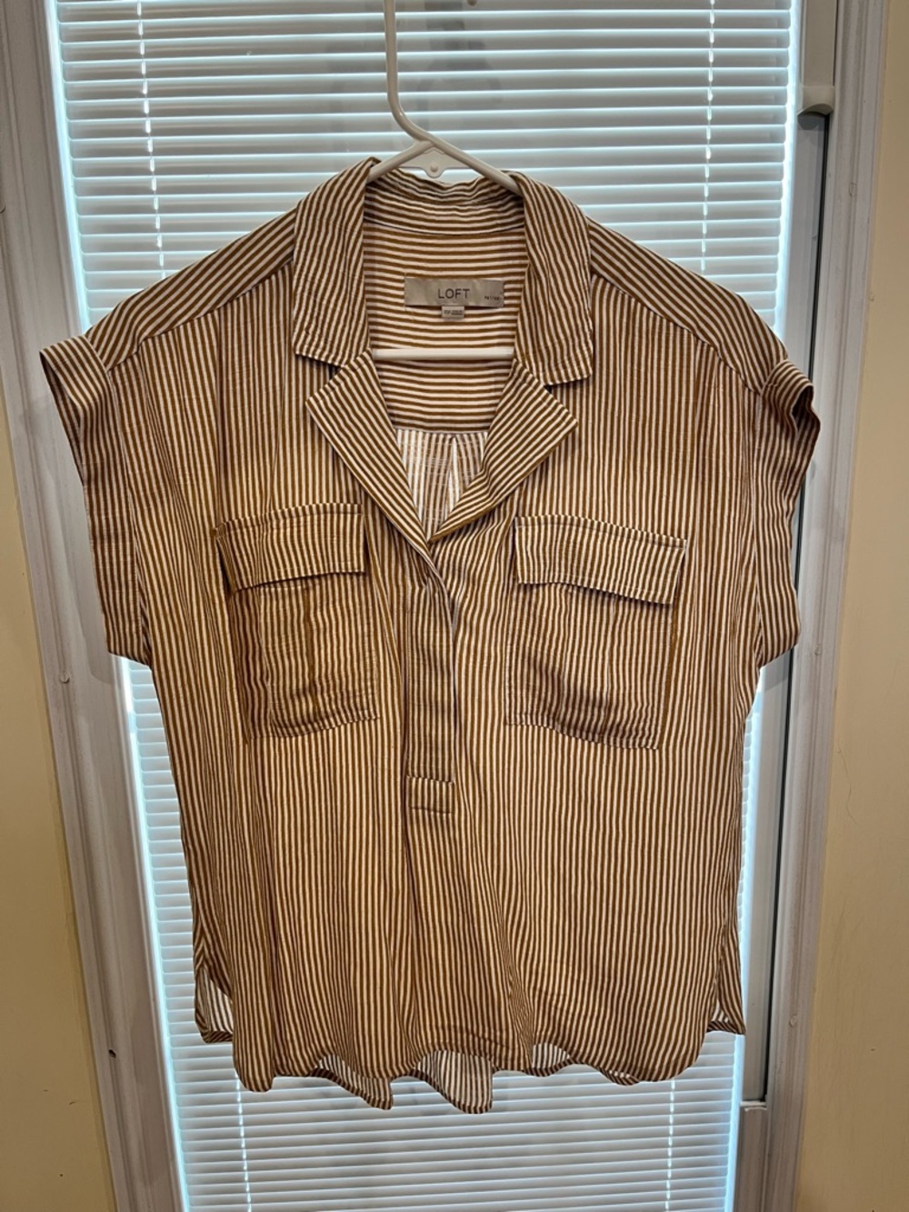 LOFT Women’s Short-Sleeve Tan and White Striped Button-Down Shirt